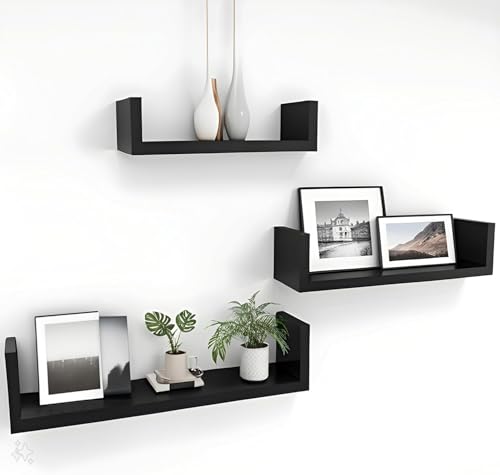 Image of Dime Store Engineered Wood Glossy Wall Mount Floating Hanging Shelf for Room Wall and Home Decor Items and Storage Organizer (Standard, Black), Set of 1