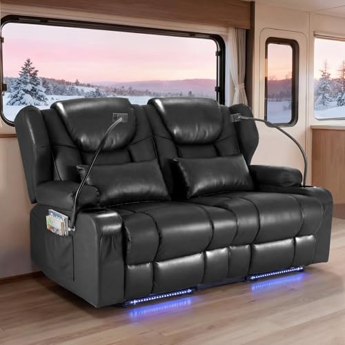 Image of Redlife Power Loveseat Recliner Sofa, PU Leather Dual Reclining Couch with Vibration & Heating, Blue LED Base Light, USB Ports, Phone Holders & Cup Holders, Home Theater & RV Reclining (Black)