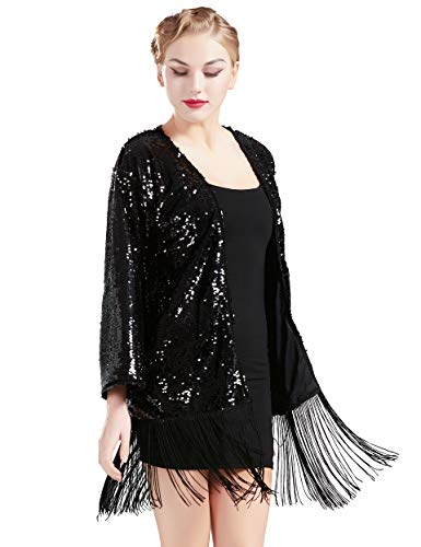 Coucoland Damen Pailletten Bolero Jacke Langarm Glitzer Pailletten Mantel mit Fransen für Frauen Retro Abend Wrap Shrug Cardigan Cocktail Disco Party Bedeckung (Schwarz, One Size)