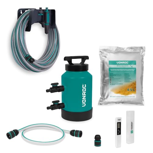 VONROC Kit de Filtre à Eau Pure + Tuyau de Jardin 20 m - Eau 100% Pure pour Voiture, vitres et Panneaux solaires - résine 4,5L, Compteur TDS, raccords et...