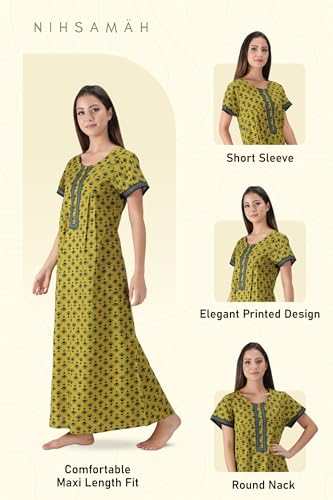 Image of NIHSAMAH Cotton Nighty for Women with Pocket, Premium Printed Long Nighty | Comfortable & Fancy Sleepwear /Nightwear