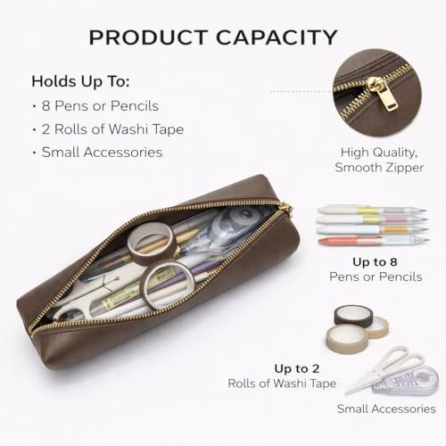 Image of Faux Leather Color Pencil Case Multifuncional and Simple with Zipper for School (Pearl Brown)
