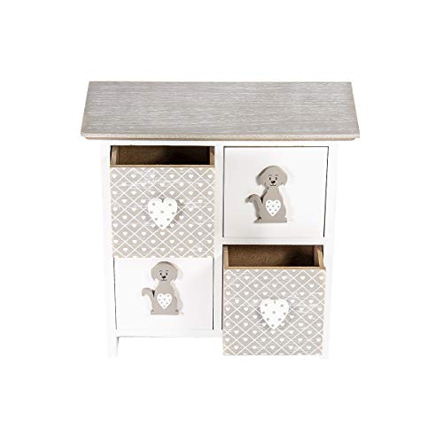SPOTTED DOG GIFT COMPANY Mini-Cajonera de Madera Decorativa, Mini Cofre con 4 Cajones Gris y Blanco Gabinete Decorativo, Multiusos Minicómoda, Cocina Organizador con Diseño Perro