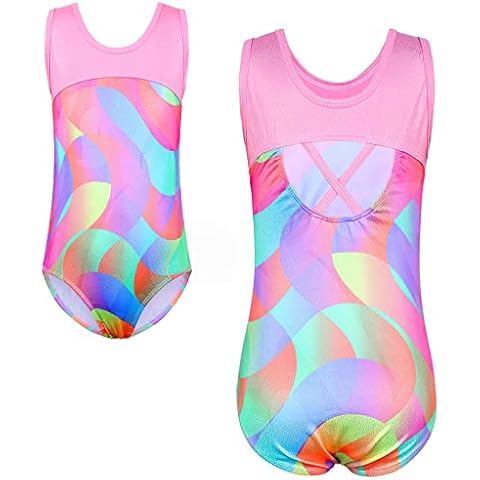 XFGIRLS Gymnastics Leotards for Girls Sparkle One-Piece Activewear Ballet Dance Athletic Leotards, Pinkrainbow, 8-9 years Cover