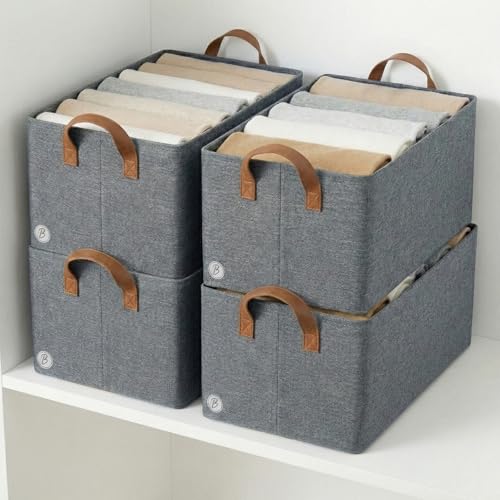Btag Pack of 4 Storage Baskets (46L x 27W x 19H CM) Non-Woven Foldable Wardrobe Organizer with Metal Frame Rectangle, Storage Box with Handles for Clothes, Books, Toys, Blankets & Closet Use.