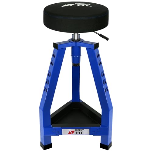 Image of Adjustable Tall Shop Stool, Mechanics Garage Stool Chair, Work Metal Chair for Workshop, Adjustable Height, 360 Swivel Padded Seat, Tool Tray Storage, 350 LBS Capacity, Heavy Duty, Blue