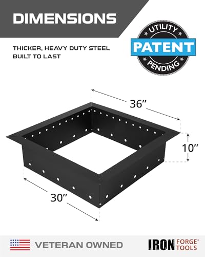 Image of Iron Forge Tools Smokeless Outdoor Fire Pit Ring Insert 36 Inch Square | heavy duty steel, permanent fire pit rings, backyard bonfire, smokeless firepit, 30 inch inner ring, square pit liner insert