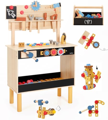 PairPear Wooden Kids Tool Bench, Toddler Workbench with 71 PCS Tool Set, Wooden Toy Play Worshop Toolbox with Drill, Hammer, and Construction Tools, Kids Gift for Boys & Girls 3+ Years Old