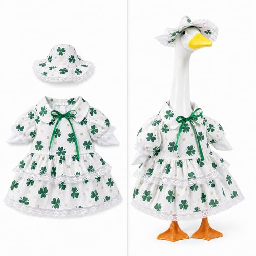 Genyzlux White 4-Leaf Clover Print Porch Goose Outfit for 23-Inch Lawn Goose Statue - Durable Polyester Lucky Spring Garden Decor
