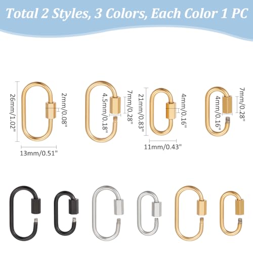 UNICRAFTALE 6Pcs 3 Colors Oval Screw Carabiner Lock 21/26mm Long Stainless Steel Screw Locking Carabiner Clasp Metal Keychain Clip Hook Quick Link for Jewelry Making - Image 3