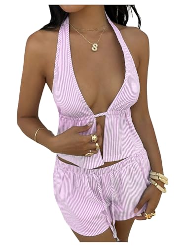 SOLY HUX Women's 2 Piece Summer Outfits Striped Deep V