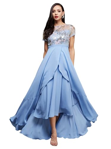 Image of Miss Chase Women's Round Neck Sleeve Embellished Fit Flare Maxi Dress