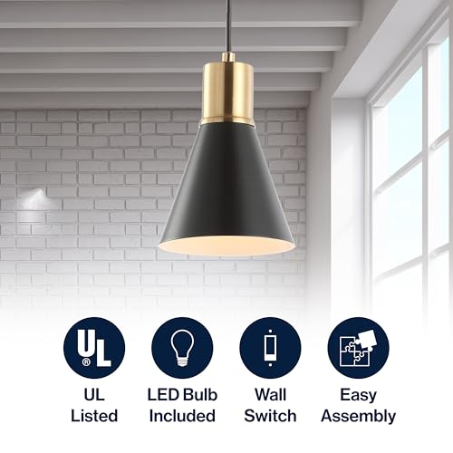 Image of JONATHAN Y Apollo Mid-Century 1-Light Pendant 6 inch, Black /Brass Gold | Modern, Adjustable Height, Metal Cone Shade, Kitchen Island, Hallway, UL Listed, Slope-Compatible, LED Bulb Included