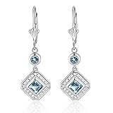 Sterling Silver Square Cut Genuine Aquamarine, Garnet, Blue Topaz or Peridot & White Topaz Leverback Drop Earrings (blue-topaz)
