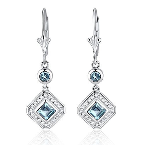 Sterling Silver Square Cut Genuine Aquamarine, Garnet, Blue Topaz or Peridot & White Topaz Leverback Drop Earrings (blue-topaz)
