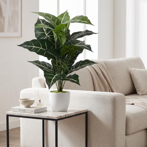 Image of Dekorly Artificial African Mask Plant Tree with White Pot 26 Inches | 66CM- Realistic Faux Leaf Plant for Home Decor, Bedroom, Living Room & Office (Mask Plant | White Pot, Pack of One)