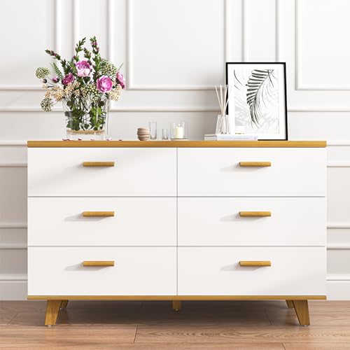Image of CIPACHO White Dresser for Bedroom,48'' Modern 6 Drawer Dresser with Deep Drawer,Wide Storage Chest of Drawer with Solid Wood Handle & Leg,Bedroom Storage Furniture,TV Stand for Living Room