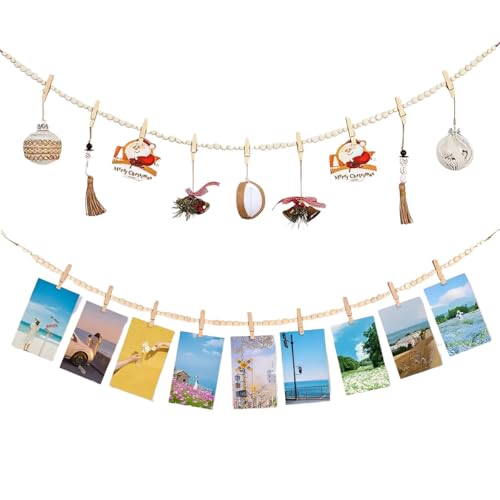 2PCS Hanging Photo Display with Clips, Boho Wooden Bead Garland Hanging Photo Collage Picture Frame with 9 Wood Clips for Living Room, Bedroom, Dorm Wall Decor