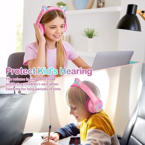 Image of LOBKIN Bluetooth 5.3 Kids Headphones with Case - RGB LED Light Up Cat Ears Foldable Adjustable Over-Ear Headset Support Wireless or 3.5mm Wired Mode for Toddler & Girls & Boys Teens (Rose Red)
