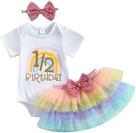 Frietlebird Baby Girl Half Birthday Outfit 1/2 Birthday Outfit Girl Letter Rainbow Romper Onesie Mesh Tutu Bloomer Skirts Sets (A-White,6-9 Months)