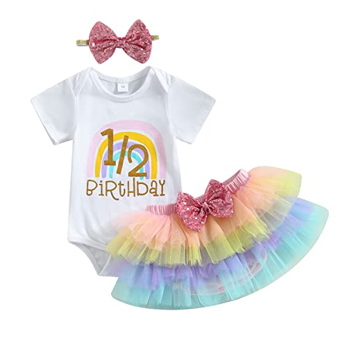 Frietlebird Baby Girl Half Birthday Outfit 1/2 Birthday Outfit Girl Letter Rainbow Romper Onesie Mesh Tutu Bloomer Skirts Sets (A-White,6-9 Months) #TOP3