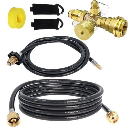 Extend a Stay RV Propane Kit, Propane Brass Tee Kit with 5FT & 12FT Hoses, RV Propane Tank 4-Port Adapter Kit, Connecting Auxiliary Propane Cylinders