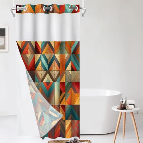 Shrahala Geometric Shower Curtain with Snap in Liner Set, Vivid Intricate No Hooks Stall Curtain Waterproof for Bathtubs Magnetic Hem 35.5 X 74 in
