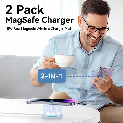 2 Pack Magnetic Wireless Charger 15W Fast Apple Mag-Safe Charger For Iphone 14/13/12 Series Magnet Wireless Charging Pad For Airpods 3/2/Pro Mag Safe Charger With 5Ft Dual Charging Port Cable #TOP6