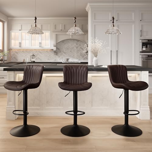 Image of YOUNIKE 3 Brown Bar Stools Modern Swivel Counter Height Bar Chair with Back Adjustable Kitchen Island Faux Leather Padded Barstools taburetes de bar Breakfast sillas para barra de cocina 3PCS