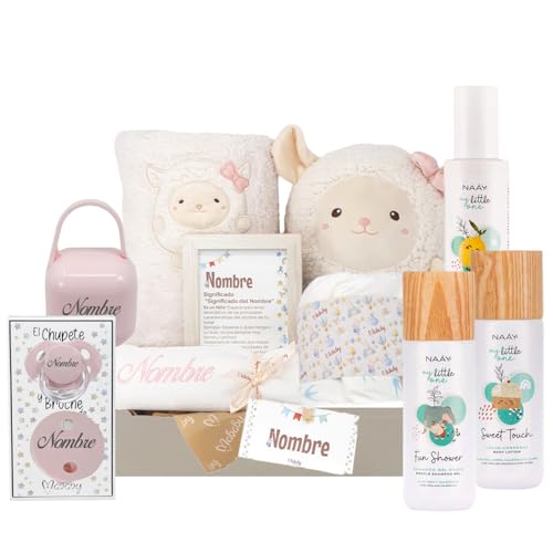 Mababyshop Pure Deluxe – Cesta Regalo Bebé Recién Nacido, Canastilla Personalizada con Manta, Peluche, Chupete con Nombre y Cosmética Natural My Little One (Pure Rosa)