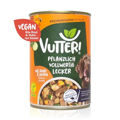 VUTTER Nassfutter Wie Rind & Huhn, 12x400 g: Hundefutter Vegan - Alleinfutter für Hunde - Fleischähnlich für hohe Akzeptanz - Sojaprotein für Muskeln, Zink für Haut & Fell, Kalzium für Zähne & Knochen