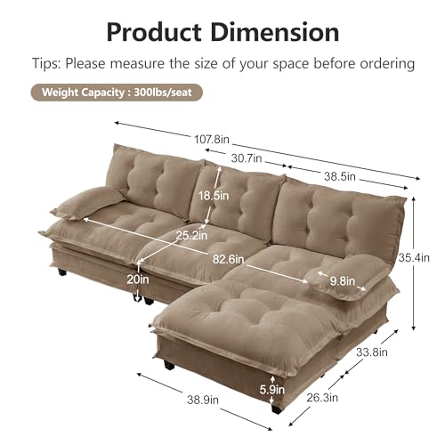 Image of 108 inch Sectional Sleeper Sofa with Ottoman, L Shaped Modular Deep Seat Couches for Living Room Apartment, Flexible Module Combination Cloud Sofa with Spring Support, Easy Assembly, Coffee