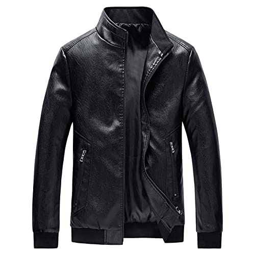 Maiyifu-GJ Men's Stand Collar Leather Bomber Jacket Lightweight Faux Leather Motorcycle Jackets Slim Fit Zip Up Biker Coat (Black,4X-Large)