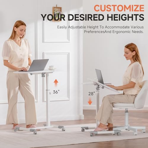 Image of GTPLAYER Small Standing Desk, 28 Inches Tiltable Mobile Rolling Laptop PC Table with Lockable Casters, Adjustable Height Overbed Bedside Table Computer Workstation for Home Office, White-Tiltable