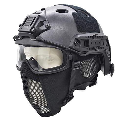Tactical Fast Helmet with Ear Protection Foldable Half Face Airsoft Mesh Mask and Tactical Goggles for Airsoft Paintball Hunting Shooting Outdoor Sports (Black)