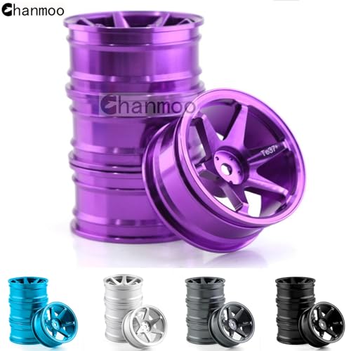 Chanmoo 1/10 RC On Road Wheels Rims 12mm Hex Alloy Aluminum Drift Hubs For 1:10 Scale Rally Racing Car Tires Tamiya TT01 TT02 XV01 TA06 A959 PTG2 HPI KYOSHO HSP PTG2 Touring Street Tyres 4PCS (Purple)