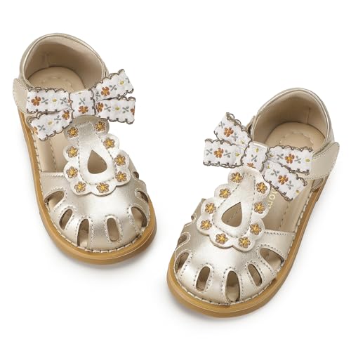 Hehainom Toddler Girls Sandals Closed Toe Bow Flower Girl Summer Shoes Little Kids Flats Sandals