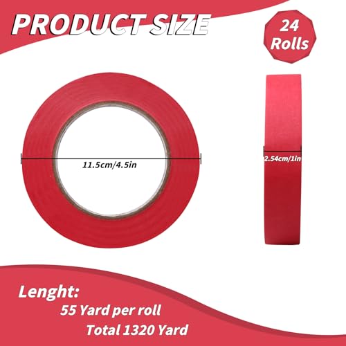Image of 24 Rolls Red Painters Tape Bulk 1 inch x 55 Yards, Total 1320 Yd, Painters Masking Tape No Residue Wall Painting Tape Artist Tape Trim Edge Finishing Tape for Wall Painting Decoration DIY Supplies