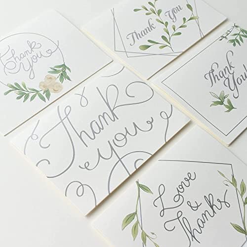 Rileys & Co Thank You Wedding Cards, Silver Foil, Classic 50 Wedding Cards, with Stickers & Envelopes | Bulk Thank You Notes Blank on the Inside | Greenery & Silver Foil Thank Yous
