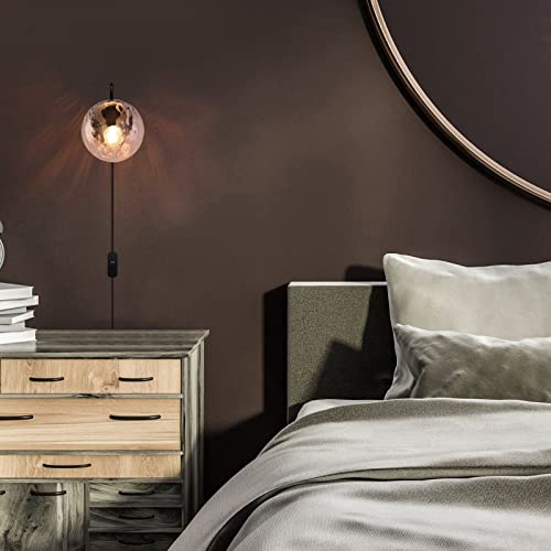 Modern Black Globe Glass Wall Sconce With Plug-In On/Off Switch, E26 Dimmable Bedroom Wall Light Fixtures Round Indoor Clear Wall Lamps For Living Room Bathroom Bedside #TOP2