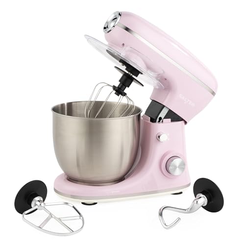 Salter Retro Stand Mixer 5L Electric Food Kitchen Mixer Stainless Steel Removable Mixing Bowl Accessories Included Dough Hook Wire Whisk Beater 8 Speed Settings & Pulse Function 1300W Pink