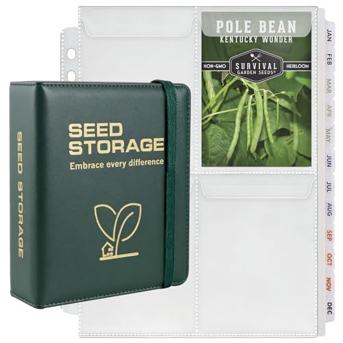 MUQING Seed Storage Organizer Binder Holds 200 Seed Packets with Flip-Top Lid Sleeves 50 Pages + 12 Monthly Cards + 4-Season Color-Coded Dividers Faux Leather Seed Keeper Book for Gardeners (Green)