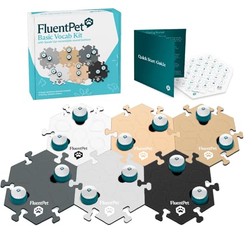 Image of FluentPet Speak Up Key Vocab Kit with Clearer Upward-Facing Sound - 12 Recordable Buttons for Dogs & 6 Neutral HexTiles | Dog & Cat Communication Buttons Set | with Batteries