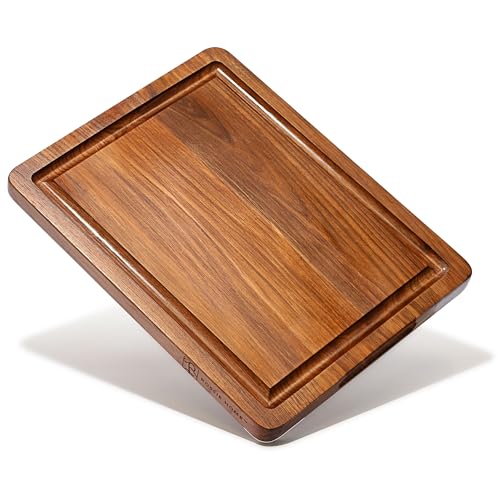 ROSSIE HOME Tabla de cortar de madera, resistente, preengrasada, reversible, con ranura para jugo y asas de transporte para cocina, nogal negro, 14 x 11 pulgadas