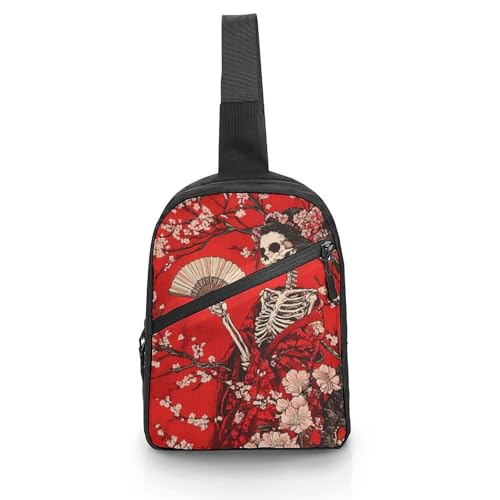 Japanese Geisha-(Girls) Skeleton Chest Bag Foldable Crossbody Unisex Pack Travel Hiking Adjustable Shoulder Straps Sling Bags