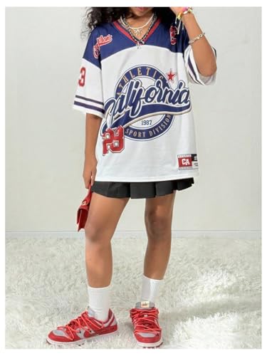 Image of BEAUDRM Girl's Jersey Shirts Leopard Number Print Jersey Shirt Cheetah V Neck Half Sleeve Oversized Tee Tops