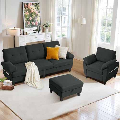 Soscana 2 Piece Sectional Sofa Set, 3 Seat L Shaped Couches with Reversible Chaise Single Seat Accent Chair Polyester Fibre for Living Room, Black
