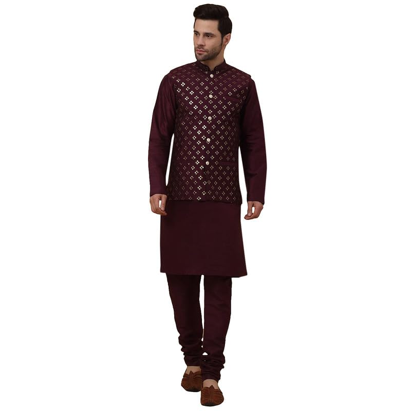 kraft india Men's Silk Blend Purple Kurta, Churidar With Cotton Silk Embroided Sequenced Nehru Jacket set-picture-16