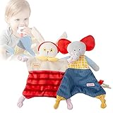 Juguetes para Bebés 2 en 1: Un conejito en tonos rojos y beige, y un elefante en tonos azules, rojo y amarillo, cada uno con un mordedor de silicona añadido