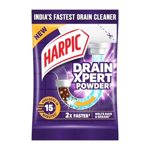 Harpic DrainXpert Drain Cleaner Powder Sachets | Removes Blockages in Pipes, Sinks & Septic Tanks| Works within 15 minutes | Melts Grease & Dissolves Hair | India's Fastest drain cleaner